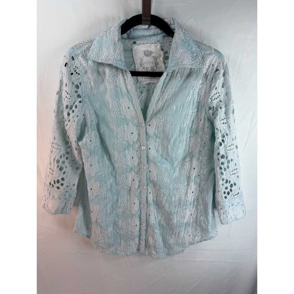 Cino Womens Light Blue Eyelet Lace Embroidered Crinkle Cotton Shirt XS